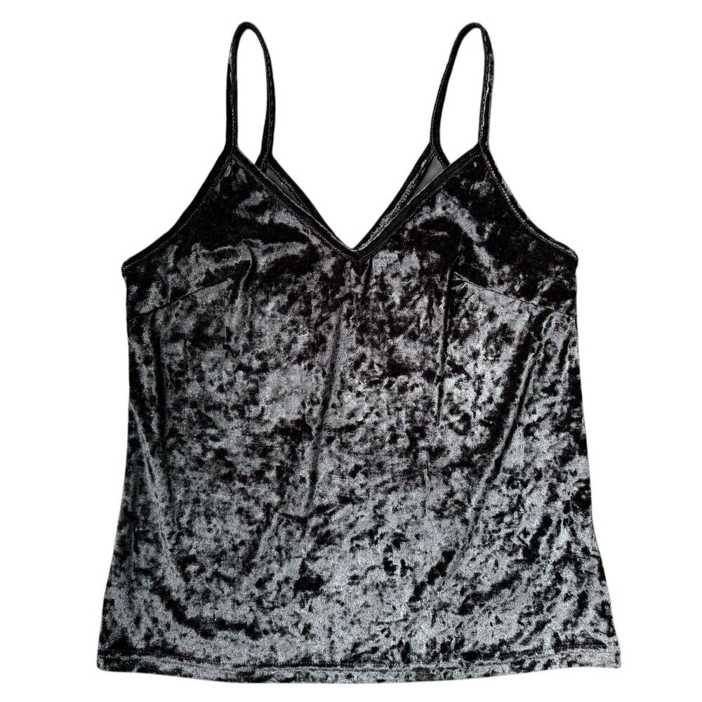 Black Velvet Tank Cami V-Neck Shirt L Women’s Top Velour Soft Stretch